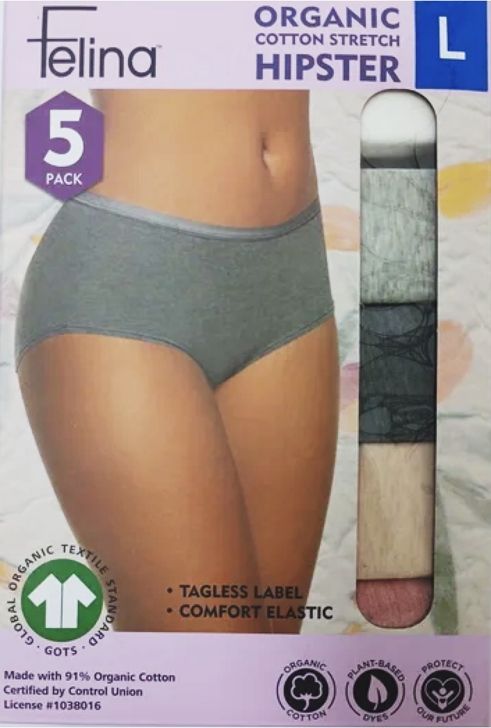 Felina Ladies' organic Cotton Stretch Hipster Assorted Colors (5-Pack)